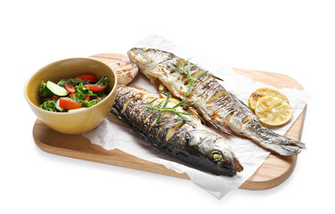 Tasty roasted seabass fish with salad and lemon isolated on white. Homemade seafood dish