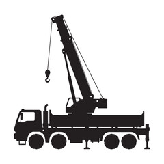 A black and white silhouette illustration of a mobile crane on a white background. 