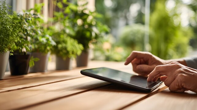 Using tablet for gardening tips and plant care advice near indoor herb garden on wooden table top view - Powered by Adobe