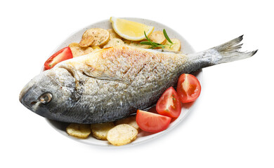 Tasty roasted dorado fish served vegetables and spices isolated on white, top view. Homemade seafood dish