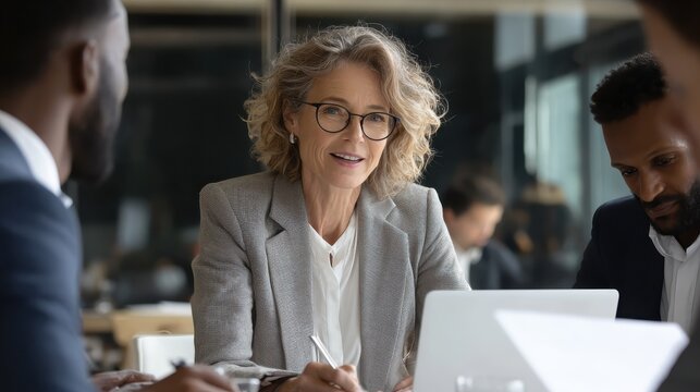 mature older ceo businesswoman mentor in glasses negotiating growth business plan with diverse executive managers at boardroom meeting table using laptop multicultural team work together in office no