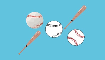 Baseball Ball and Baseball Bat Icon Set on Blue Background Illustration Vector. Professional Baseball Icon Banner Template