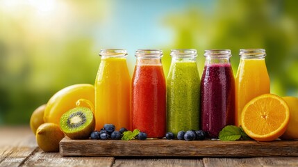Colorful freshly squeezed fruit and vegetable juices in glass bottles for healthy eating and detox concept