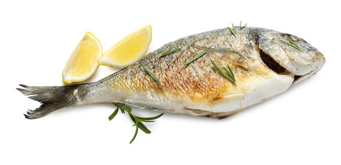 Tasty roasted dorado fish with spices isolated on white. Homemade seafood dish
