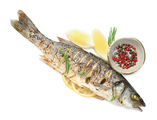Tasty roasted seabass fish with spices isolated on white, top view. Homemade seafood dish