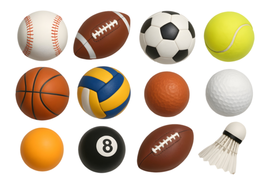 Assorted sports balls and shuttlecock isolated on a transparent background baseball football - Powered by Adobe