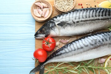 Seafood delicacies. Fresh raw mackerels and spices on light blue wooden table, flat lay. Space for text