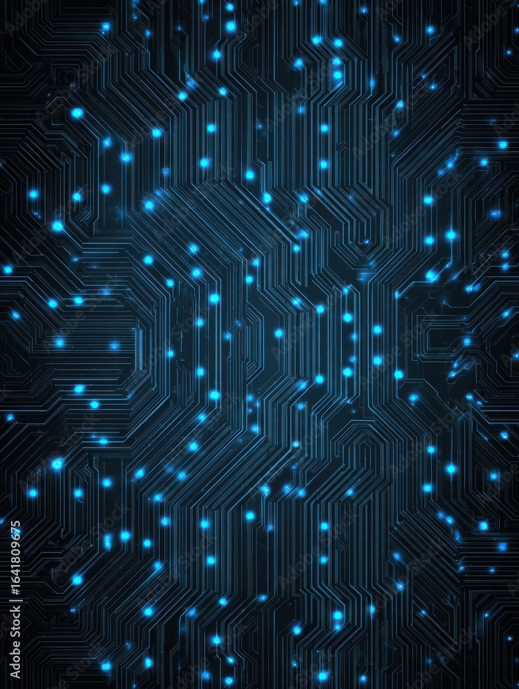 Poster the highly exquisite futuristic circuit board pattern with blue glowing lines on a dark background c