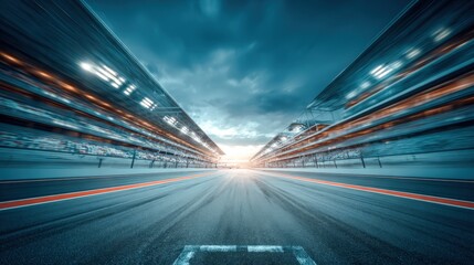 Motion Blur Effect on Racing Track with Sky and Bleachers, Representing Speed and Competition