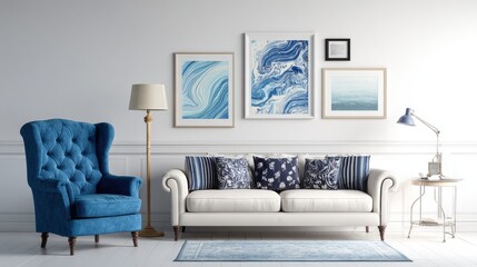 white and blue living room with sofa armchair lamp posters no logos no brands ar 169