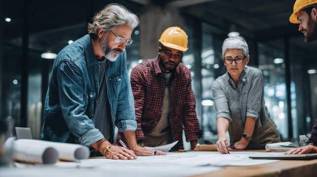 team of multiethnic architects working on construction plans in meeting room engineers discussing on project in office mature businessman and woman standing around table working on blueprint no logos