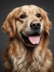 Fototapeta premium in a studio photo a friendly golden retriever dog is captured pulling a funny face radiating charm and playfulness this portrait perfectly captures the lovable and humorous nature of the dog 