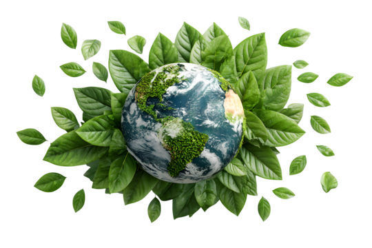 Vibrant green leaves embrace a lush Earth, symbolizing global growth, nature's beauty, and environmental health for a sustainable future.