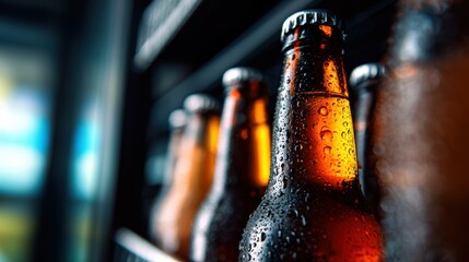 Close-up of chilled beer bottles with condensation in a well-stocked beverage display, vibrant background