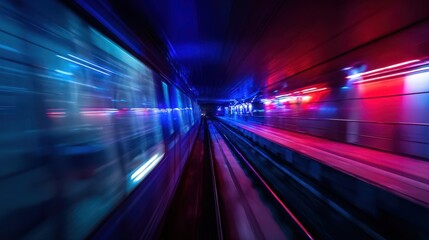 The vibrant motion of a speeding subway train through a colorful tunnel