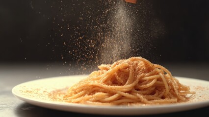 Hand-to-plate scene with cheese and pasta, great for digital art, promotions, or meal concepts.