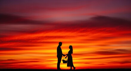 Romantic Couple Silhouette Holding Hands at Sunset, Enjoying a Picnic, Expressing Love and Connection