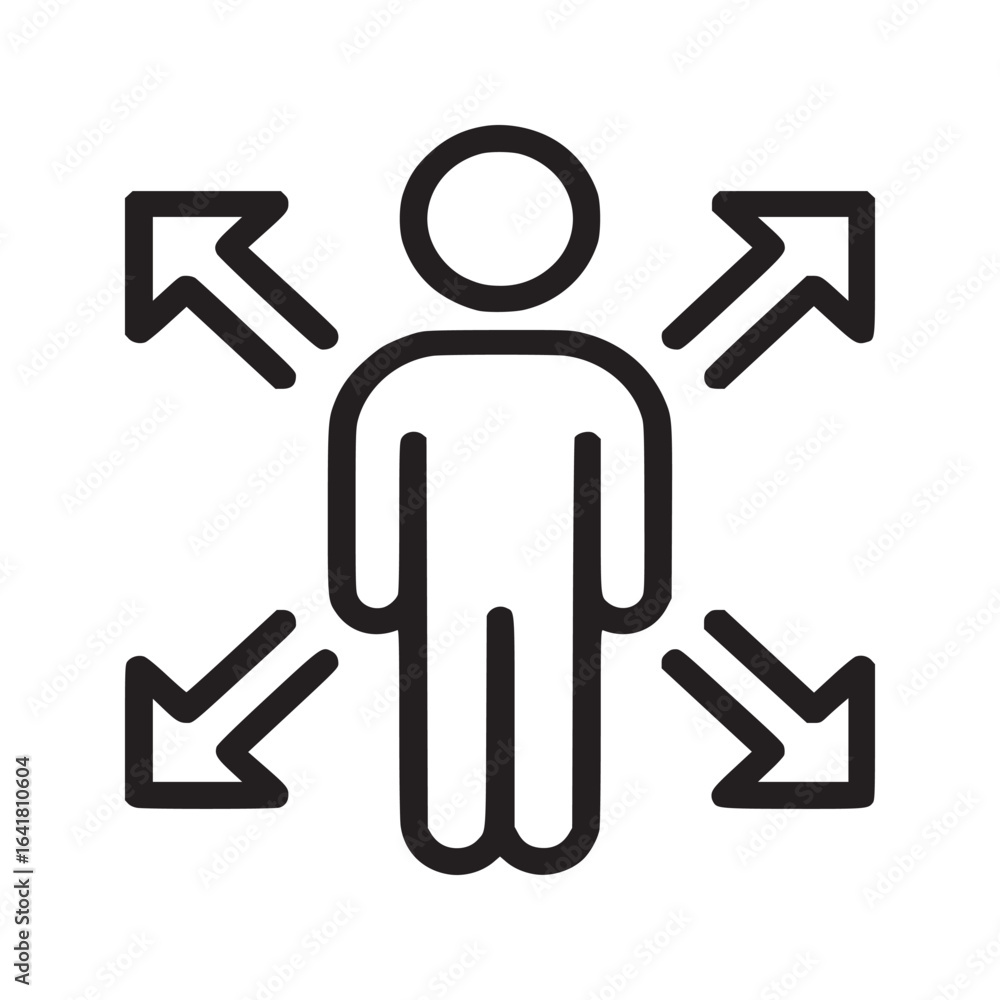 Poster a person with arrows pointing away from them in four directions in a black and white line drawing