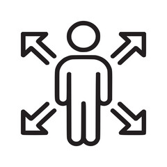 A person with arrows pointing away from them in four directions in a black and white line drawing