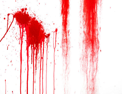 Background texture cement white wall with red blood-like paint streaks. PNG