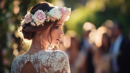 The Elegant Bride with a Floral Crown in Soft Garden Light