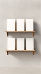 Minimalist greeting card mockup with six blank cards on wooden shelves against a warm textured wall. Perfect for showcasing invitations, postcards, or seasonal designs