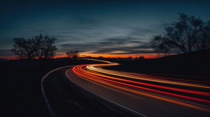 The winding road illuminated by colorful light trails at sunset.