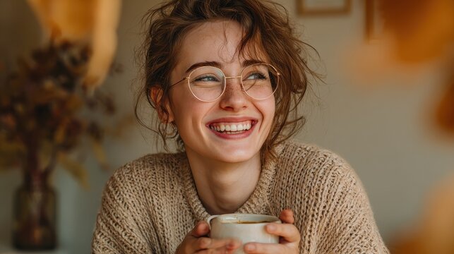 portrait of joyful young woman enjoying a cup of coffee at home smiling pretty girl drinking hot tea in winter excited woman wearing spectacles and sweater and laughing in an autumn day no logos no b