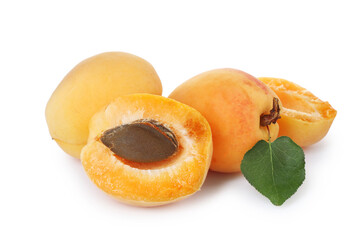 Fresh ripe apricots with green leaf isolated on white