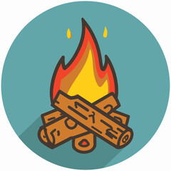 Cartoon illustration of a campfire, featuring stylized flames above crossed logs, set within a turquoise circle with drops