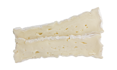 fresh slices camembert cheese isolated on white background, top view of rectangular pieces camembert cheese