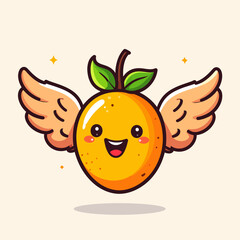 Cheerful cartoon orange with wings and leaves, smiling with sparkles. Simple, cute design, light background