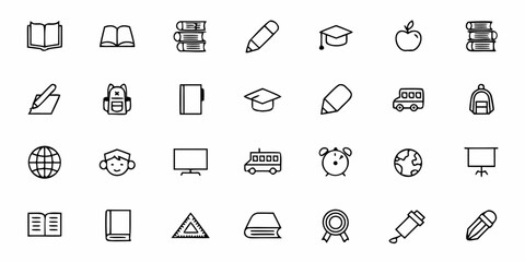 Academic and School Icon Set &ndash; Minimalist Vector Line Art Education Symbols, Study Tools, and Learning Objects for Print and Digital Projects