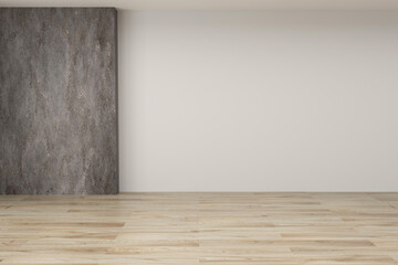 Modern interior with blank wall and wooden parquet, empty room and panel, 3D rendering