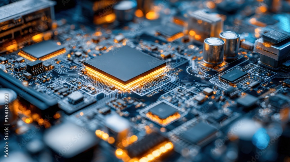 Poster complex microprocessor motherboard close-up with glowing orange lights, illustrating technology and 