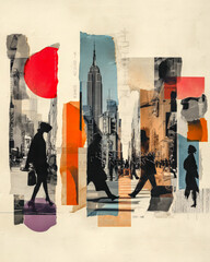 Collage poster featuring architectural fragments, walking figures, and city silhouettes. Minimalist design with torn textures, bold type, and muted tones inspired by mid-century fashion editorial styl
