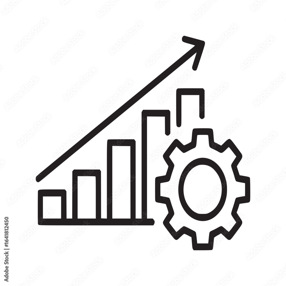 Poster a line drawing showing a bar graph with an upward arrow and a gear on a plain white background