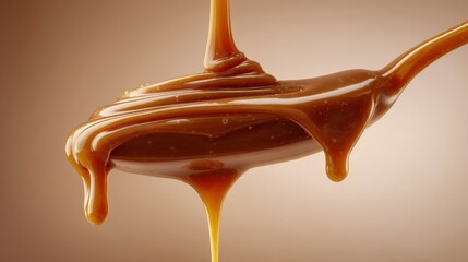 Close-up of Pouring Caramel Sauce onto a Spoon Against a Brown Background for Dessert Themes
