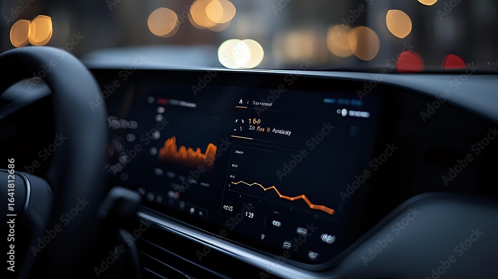 Poster modern car dashboard display showing financial market data and graphs with blurred bokeh lights in b