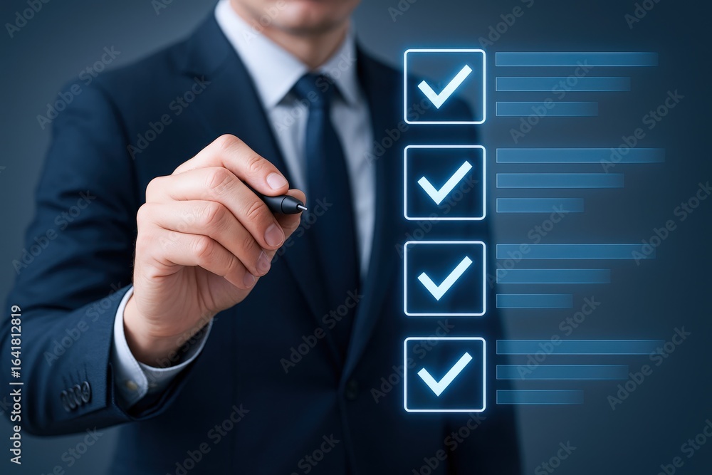 Poster businessman marking checklist boxes with pen, digital interface concept, representing project comple