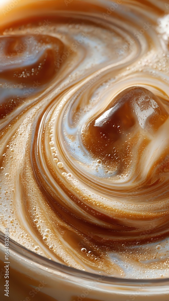 Poster swirling cream and coffee create mesmerizing patterns in latte art, with rich caramel tones and deli