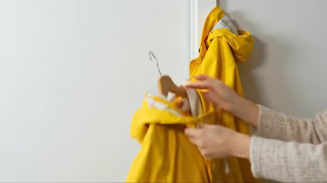 A bright yellow raincoat hanging on a hook against a minimalistic background, conveying the idea of preparedness and comfort in a rainy setting.
