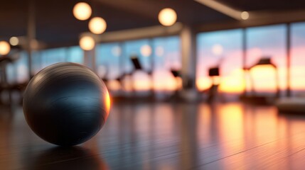 The black exercise ball illuminated by a stunning gym sunset.