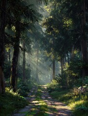 Obraz premium a beautiful forest road with the sun shining through the trees casting light and shadow upon it