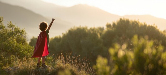 The child in a red cape standing triumphantly against a beautiful sunset.