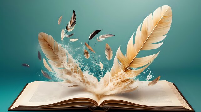 Open book with magical glowing feathers emerging from pages, surrounded by floating particles and water splashes against turquoise background, storytelling concept.