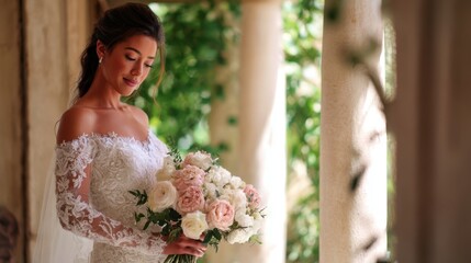 The beautiful bride holding a stunning bouquet in a serene garden setting.