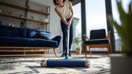Femme nettoyant un tapis avec un balai a franges dans salon moderne