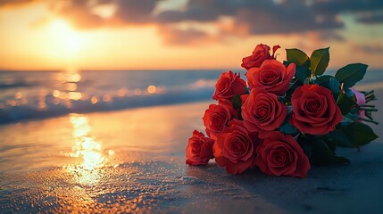 Red roses lying on wet sand at sunset beach with golden sunlight reflection on ocean waves, creating romantic atmosphere for Valentine's day or anniversary celebration.