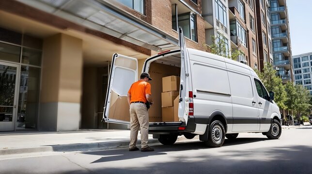 Livreur en uniforme orange chargeant des colis dans camionnette blanche